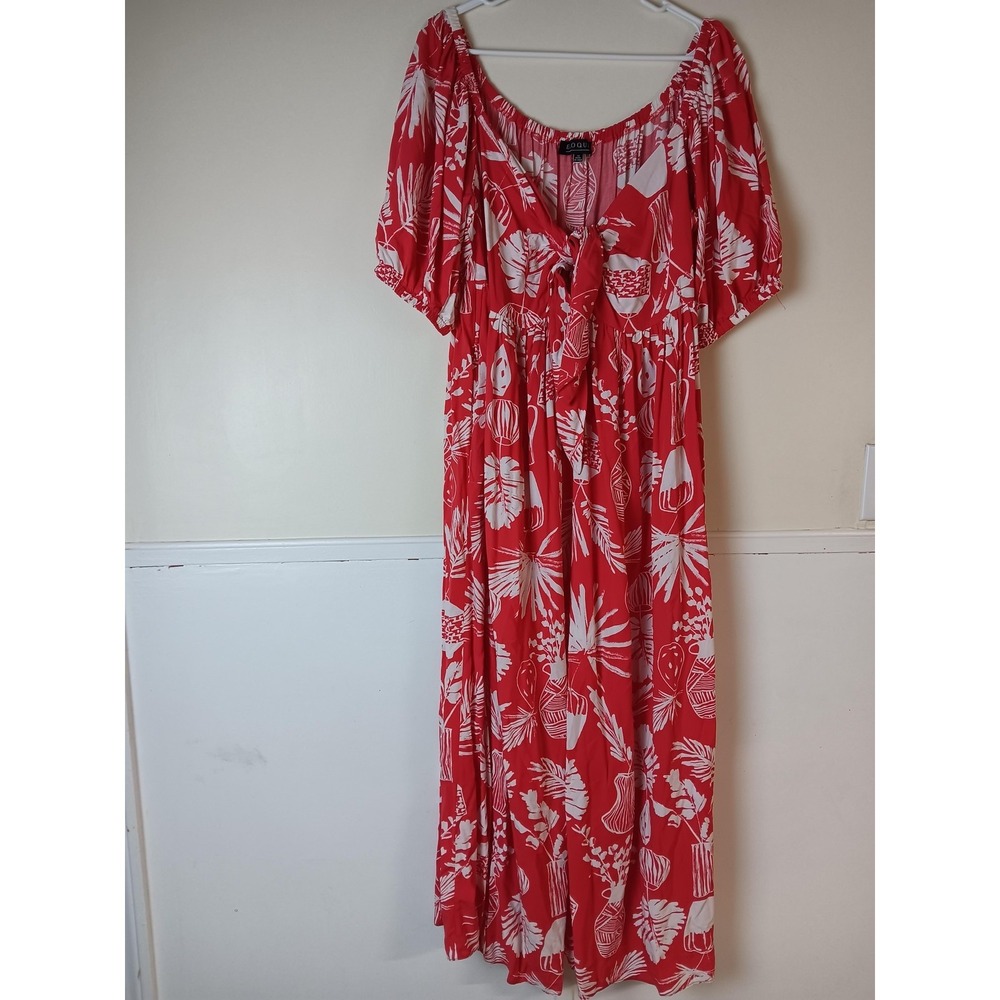Eloquii Dress Womens 14 Red Floral Puff Sleeve Smocked Maxi Bow Front Sundress